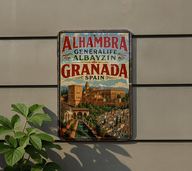 A vintage-style metal sign with the text "Alhambra Generalife Albayzin Granada Spain" displayed on a wall, featuring an illustration of a cityscape with a castle and a fountain.