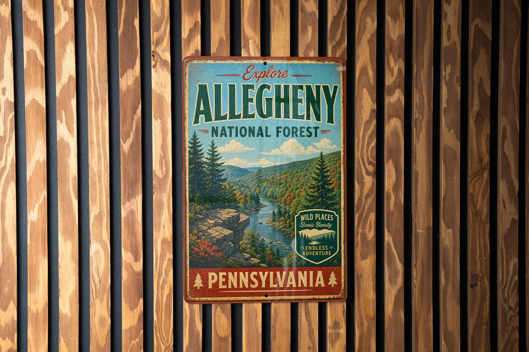 A vintage-style metal sign for Pennsylvania's Allegheny National Forest, featuring a scenic mountain landscape with pine trees and a river.