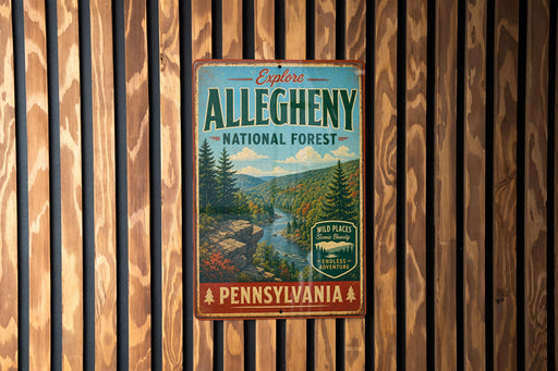 A vintage-style metal sign for Pennsylvania's Allegheny National Forest, featuring a scenic mountain landscape with pine trees and a river.