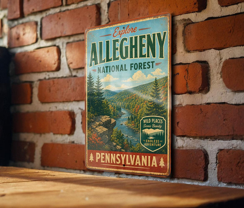 A vintage-style metal sign for Pennsylvania's Allegheny National Forest, featuring a scenic mountain landscape and the text "Explore Allegheny" and "Wild Places Scenic Beauty Endless Adventure".