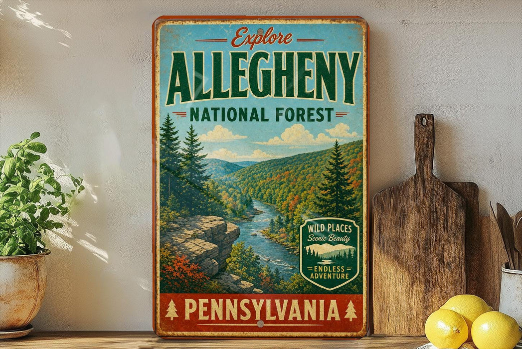 a vintage-style sign for Pennsylvania's Allegheny National Forest, with a scenic mountain landscape and a river.