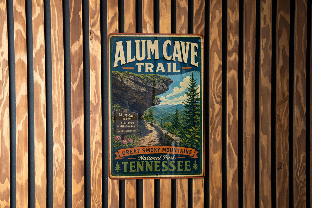 A vintage-style metal sign for the Alum Cave Trail in the Great Smoky Mountains National Park, Tennessee, hanging on a wooden wall.