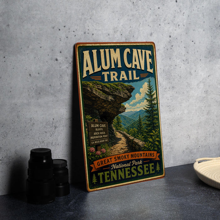 A vintage-style metal sign for the Alum Cave Trail in the Great Smoky Mountains National Park, featuring a scenic illustration of a rocky cliff and a winding path.