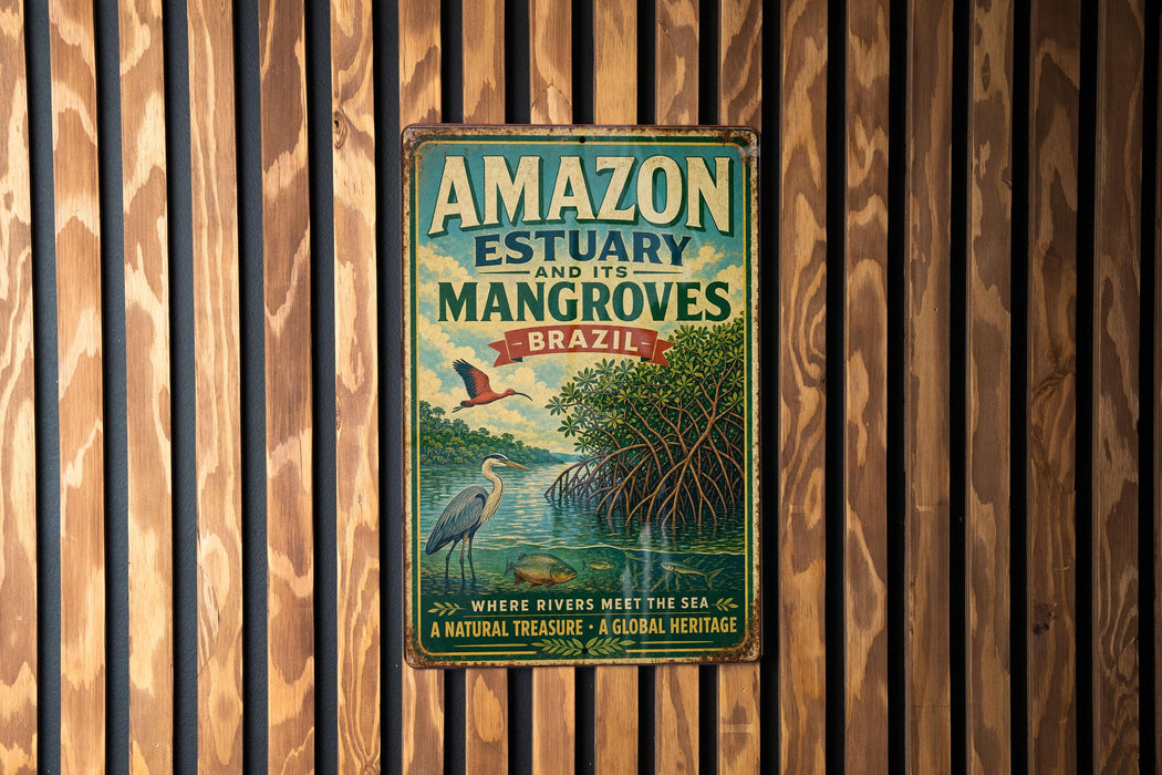 A vintage-style metal sign with the text "AMAZON ESTUARY AND ITS MANGROves BRASIL" is displayed on a wooden wall.
