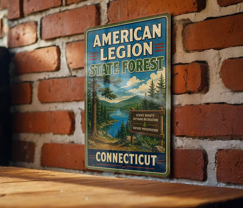 A vintage-style metal sign for the American Legion State Forest in Connecticut, featuring a scenic landscape with pine trees and a lake.