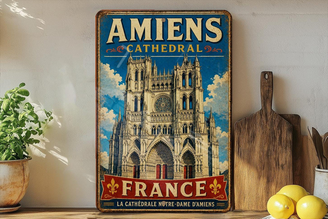 A vintage-style metal sign with the text "Amiens Cathedral" and "France" on it, featuring an illustration of the Amiens Cathedral. The sign is displayed on a shelf next to a wooden cutting board and some potted plants.