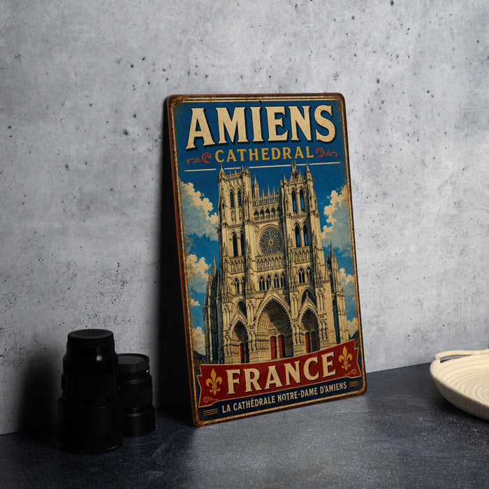 A vintage metal sign advertising the Amiens Cathedral in France, featuring an illustration of the cathedral and the text "Amiens Cathedral" and "France" in a decorative font.