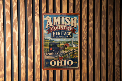 A vintage-style metal sign with the text "AMISH COUNTRY HERITAGE LANDSCAPE" and an illustration of a horse-drawn carriage, set against a wooden background.