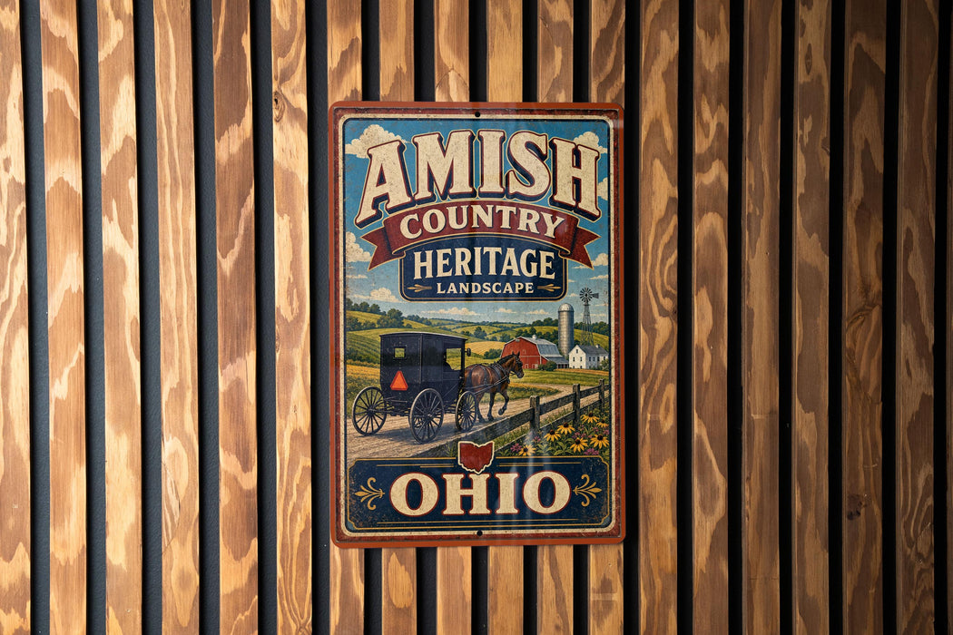 A vintage-style metal sign with the text "AMISH COUNTRY HERITAGE LANDSCAPE" and an illustration of a horse-drawn carriage, set against a wooden background.