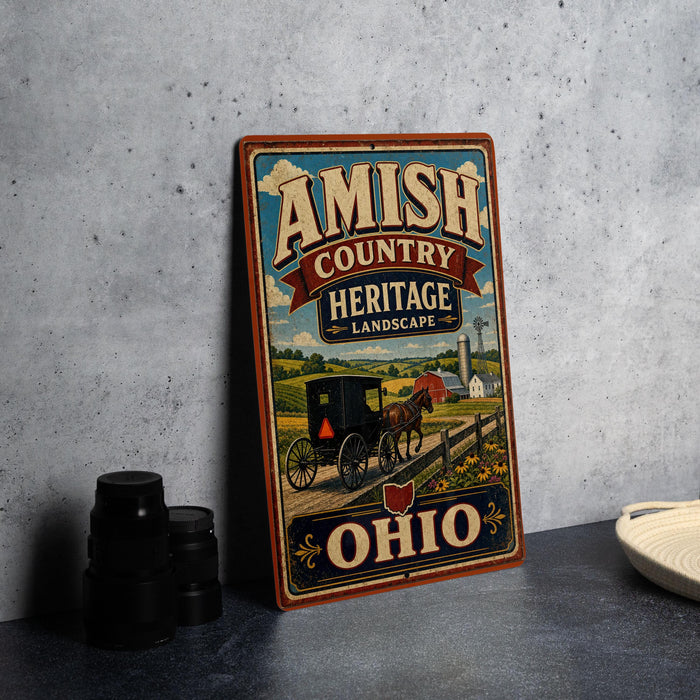 A vintage-style sign for Amish Country Heritage Landscape in Ohio, featuring an illustration of a horse-drawn carriage and a rural landscape.