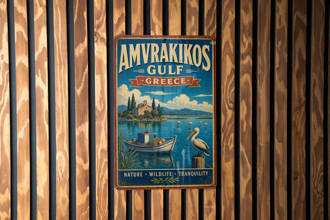 a vintage metal sign with a scenic illustration of a boat on a lake, surrounded by mountains and a bird, advertising "AMVRAKIOS GULF - GREECE".