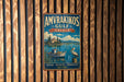a vintage metal sign with a scenic illustration of a boat on a lake, surrounded by mountains and a bird, advertising "AMVRAKIOS GULF - GREECE".