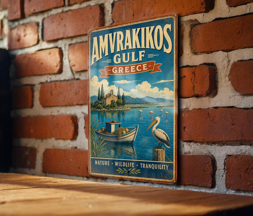 a vintage-style sign for Amvrakikos Gulf, Greece, hanging on a brick wall.