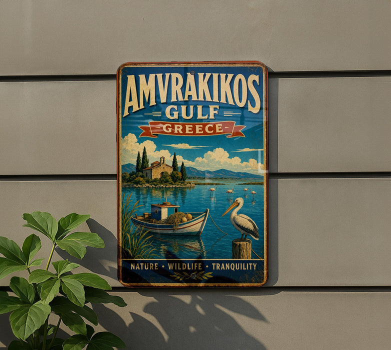 a vintage-style metal sign with a painting of a boat on a lake, surrounded by nature and wildlife, with a bird perched on a post.