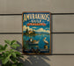 a vintage-style metal sign with a painting of a boat on a lake, surrounded by nature and wildlife, with a bird perched on a post.