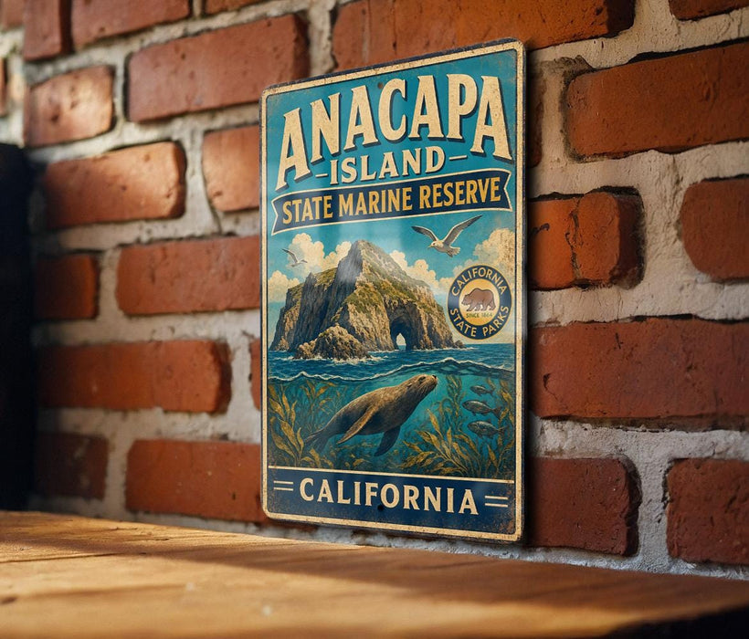 A vintage metal sign for the Anacapa Island State Marine Reserve in California, featuring an illustration of a rocky island, a seal, and a bird.