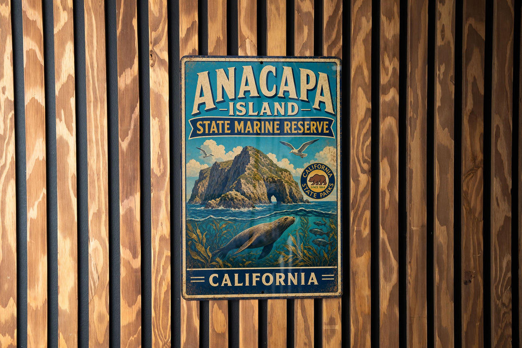 A vintage metal sign for the Anacapa Island State Marine Reserve in California, featuring an illustration of a seal and a rocky coastline.