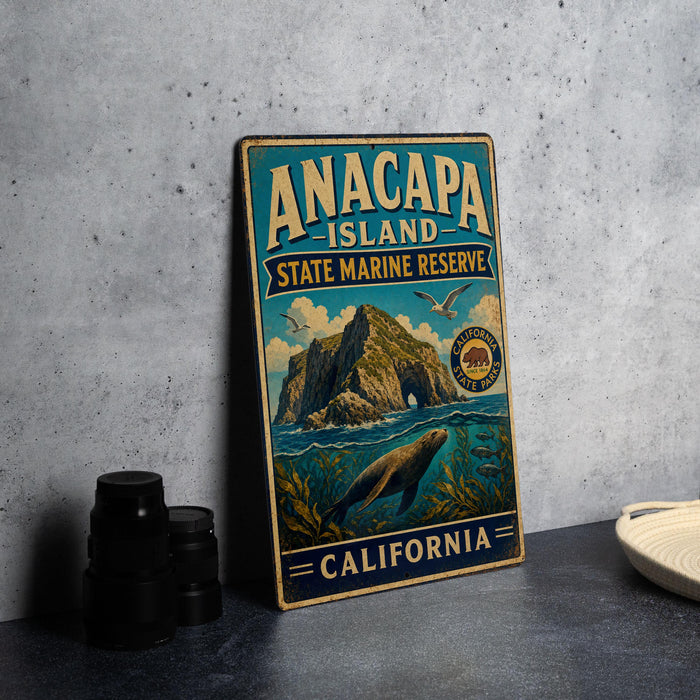 A vintage metal sign for the Anacapa Island State Marine Reserve in California, featuring an illustration of a rocky island, sea lion, and marine life.
