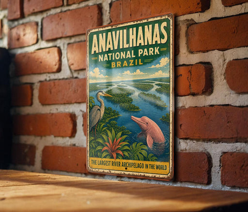 a vintage-style metal sign for the Amazon Rainforest National Park in Brazil, with a large illustration of a pink dolphin swimming in the water.