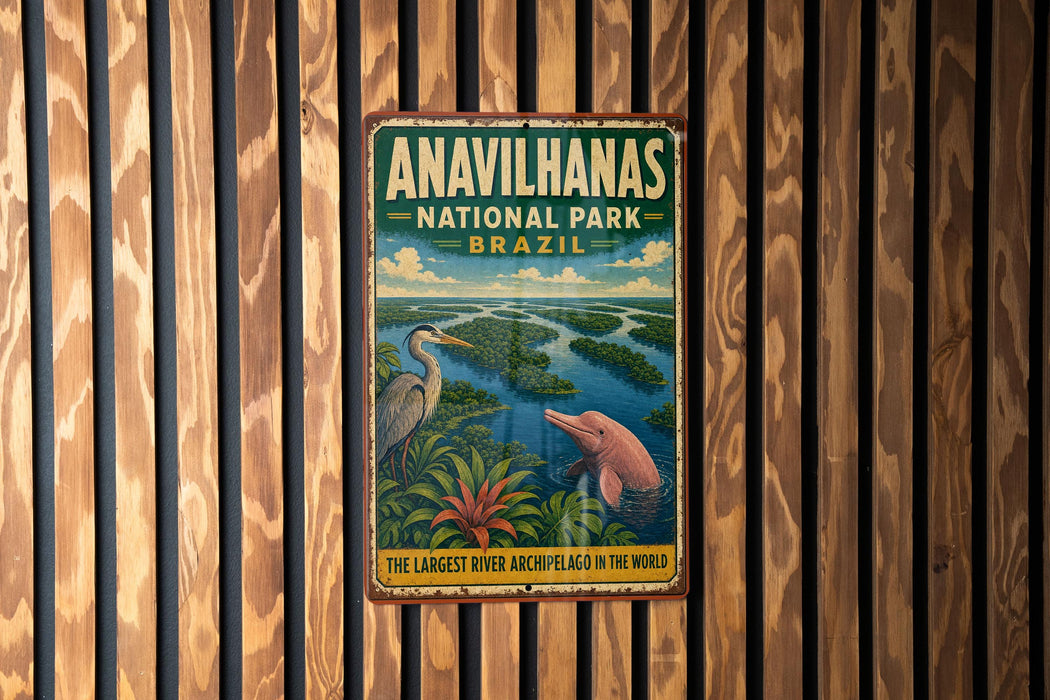 a vintage-style metal sign for the Anavilhanas National Park in Brazil, depicting a serene landscape with a river, a bird, and a dolphin.
