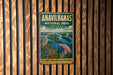 a vintage-style metal sign for the Anavilhanas National Park in Brazil, depicting a serene landscape with a river, a bird, and a dolphin.