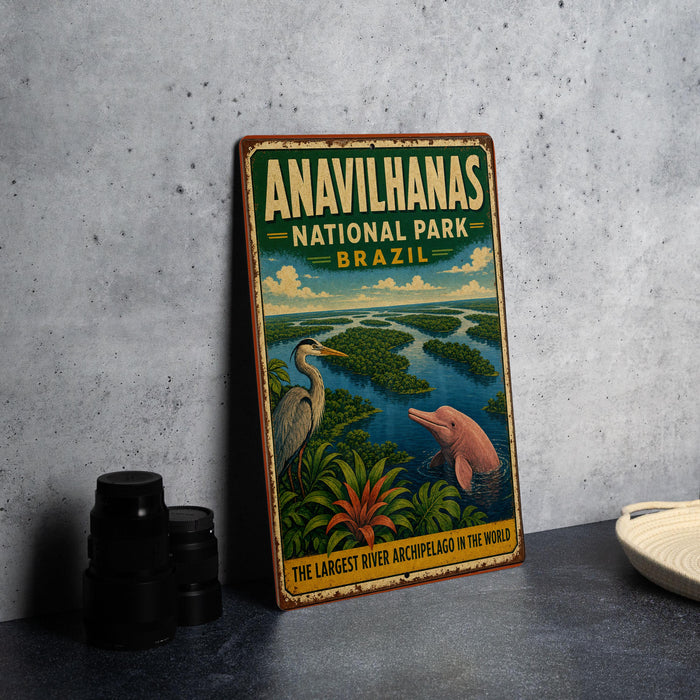 a vintage-style sign for the Anavilhanas National Park in Brazil, depicting a large bird and a pink dolphin in a lush, tropical setting.