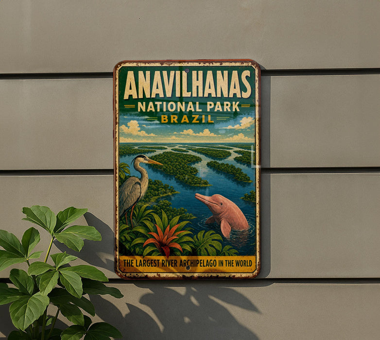 a vintage-style metal sign with a painting of a bird and a dolphin, set against a backdrop of a river and lush vegetation, with the text "ANAVILHANAS NATIONAL PARK BRAZIL" prominently displayed.