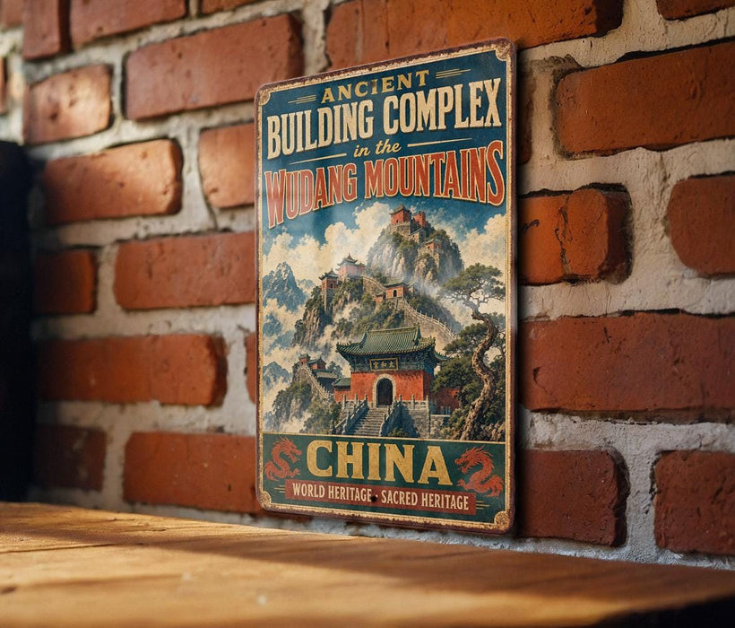 a vintage-style sign with a mountain landscape and a temple, mounted on a brick wall.