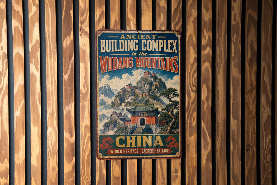 a vintage-style sign advertising the Wudang Mountains in China, with a temple and mountains depicted in the background.