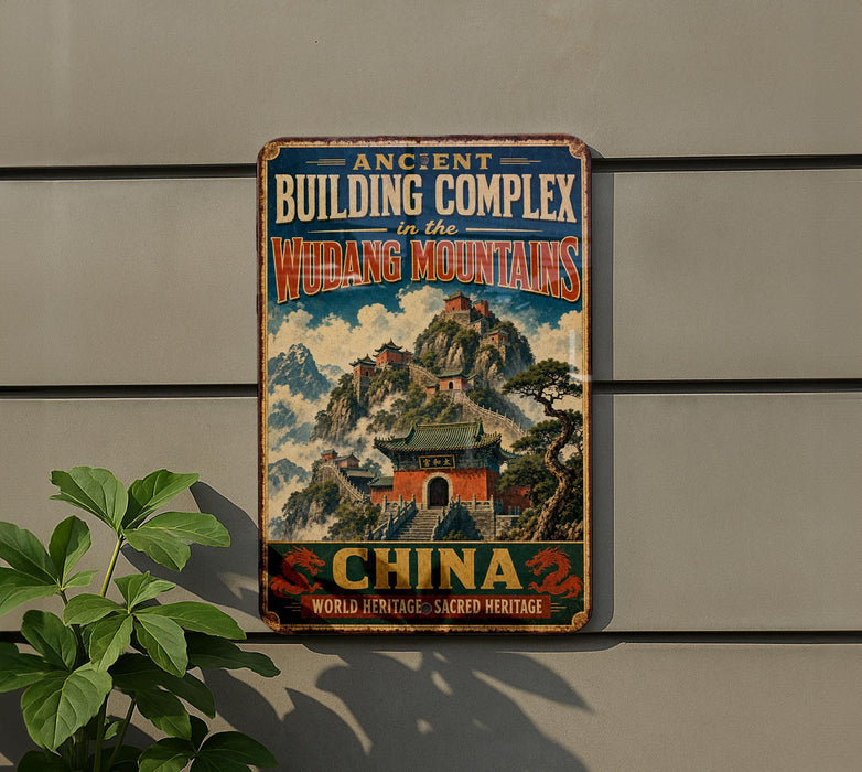 a vintage-style sign advertising the Wudang Mountains in China, with a mountain landscape and traditional Chinese architecture depicted on the sign.