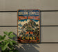 a vintage-style sign advertising the Wudang Mountains in China, with a mountain landscape and traditional Chinese architecture depicted on the sign.