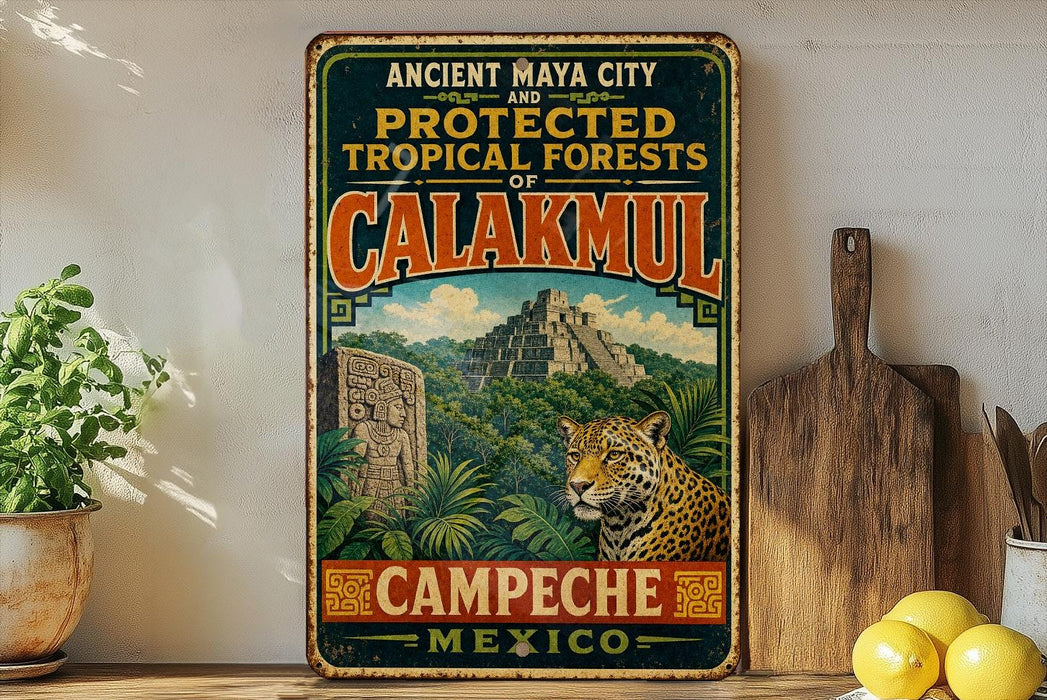 A vintage metal sign advertising the ancient city of Calakmul, Mexico, featuring a jungle scene with a jaguar and a pyramid.