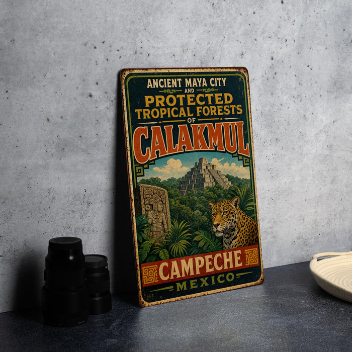 A vintage metal sign advertising the ancient Mayan city of Calakmul, Mexico, featuring a jungle scene with a jaguar and a pyramid.