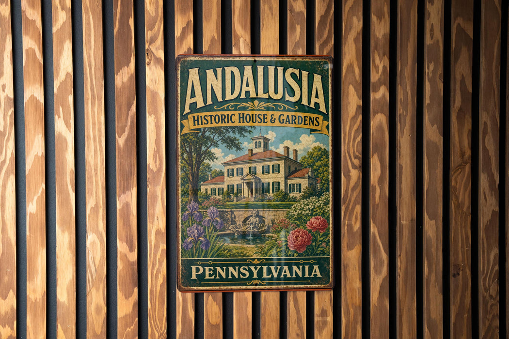 A vintage-style sign for the historic house and gardens in Pennsylvania, featuring a large illustration of a house surrounded by flowers and greenery.