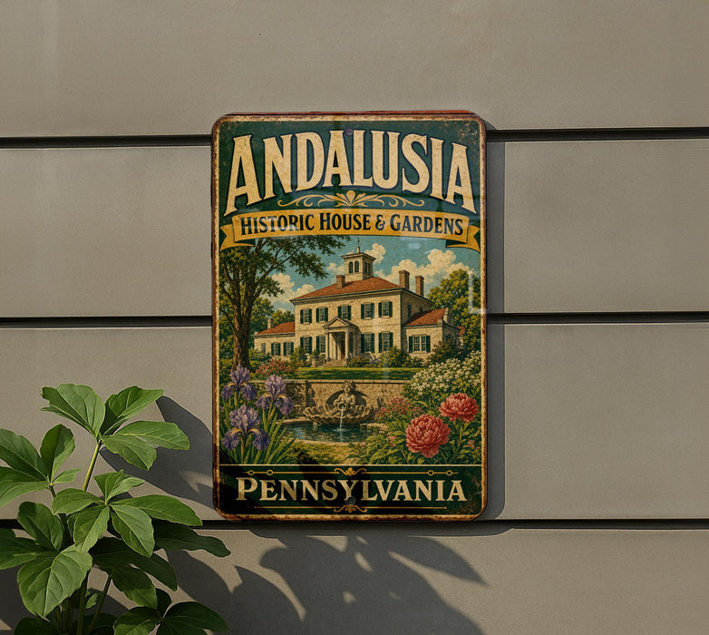 A vintage-style sign for "Andalasia Historic House & Gardens" in Pennsylvania, featuring a house surrounded by flowers and a garden.