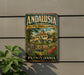A vintage-style sign for "Andalasia Historic House & Gardens" in Pennsylvania, featuring a house surrounded by flowers and a garden.
