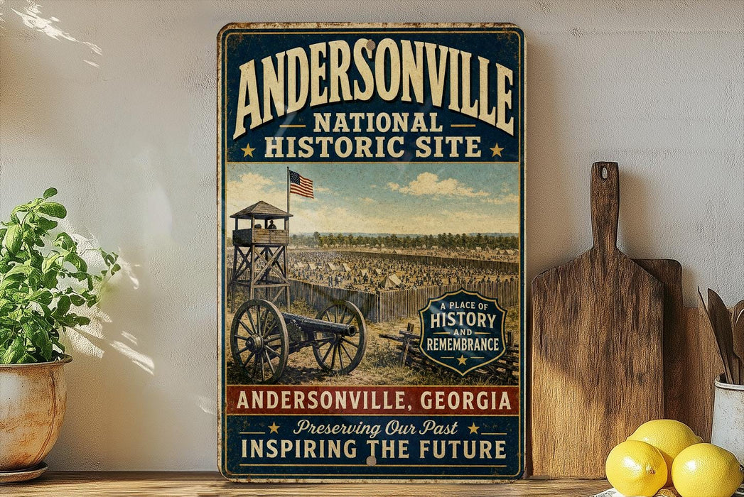A vintage-style metal sign for the Andersonville National Historic Site in Georgia, featuring an illustration of a historical fort or structure with a cannon and a flag.