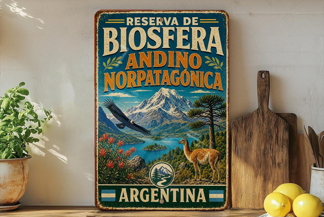 A vintage-style metal sign with the text "RESERVA DE BIOSFERA ANDINO NORPATAGONICA ARGENTINA" and an illustration of a mountain, a bird, and a deer. The sign is displayed on a shelf next to a wooden cutting board and a potted plant.