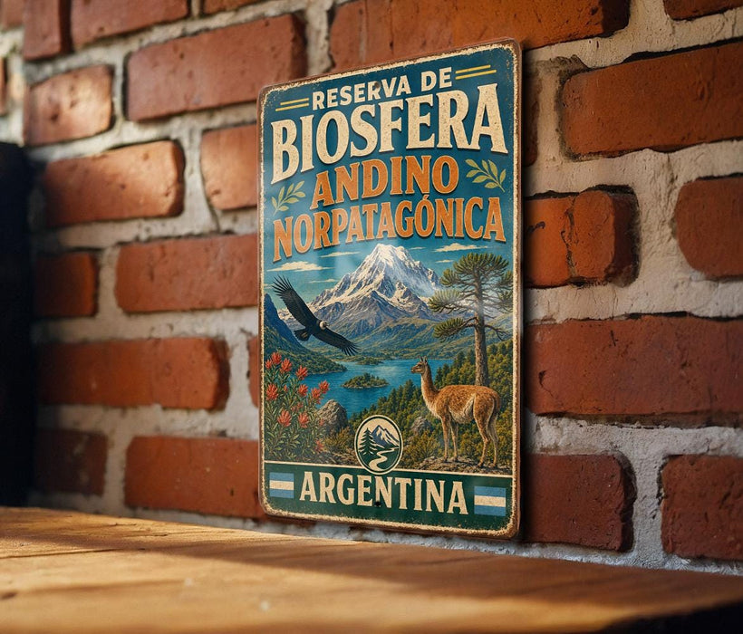A vintage-style metal sign with the text "RESERVA DE BIOSFERA ANDINO NORPATAGONICA ARGENTINA" displayed on a brick wall.
