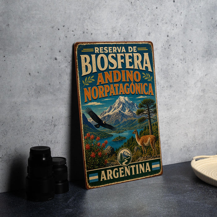 A vintage-style metal sign for the "Reserva de Biosfera Andino Norpattoica" in Argentina, featuring a mountain landscape and wildlife.
