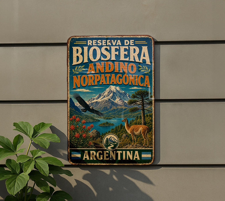 A vintage metal sign with the text "RESERVA DE BIOSFERA ANDINO NORPATAGONICA ARGENTINA" and an illustration of a mountain, a llama, and a bird.
