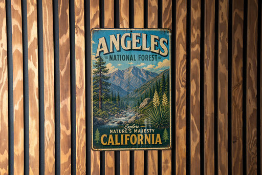 A vintage metal sign for the Angeles National Forest in California, featuring a scenic mountain landscape with pine trees and a river.