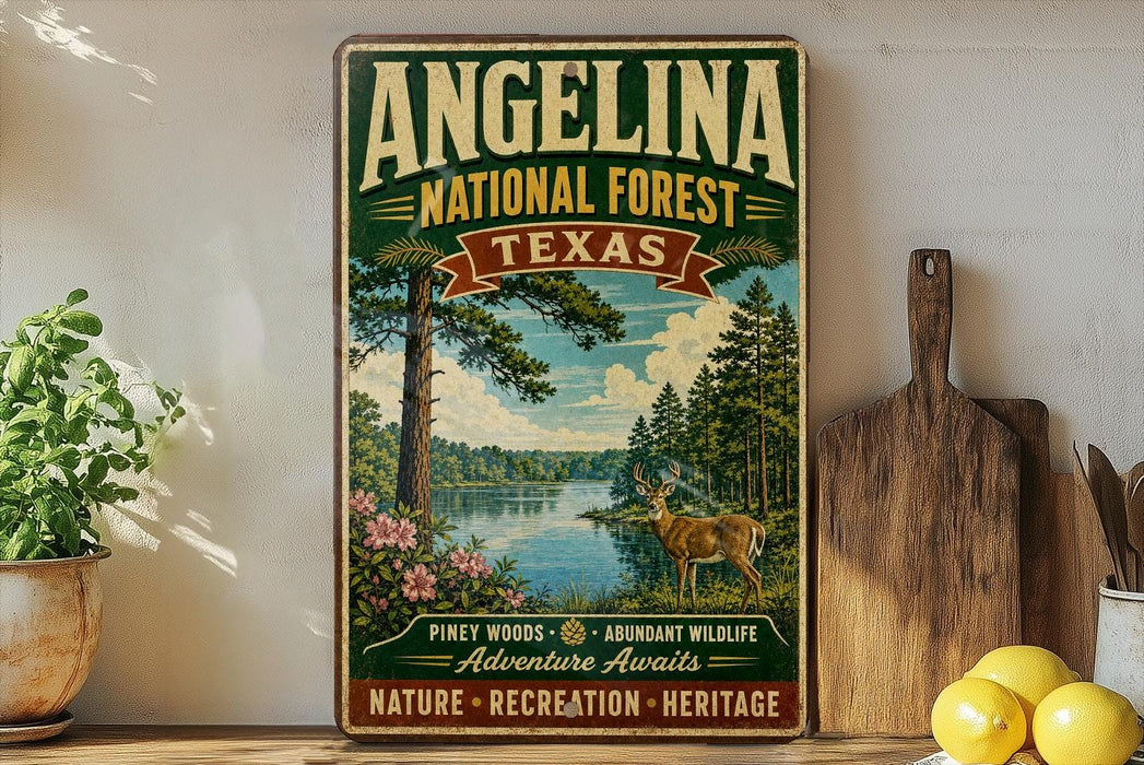 A vintage-style poster advertising Angelina National Forest in Texas, featuring a scenic landscape with pine trees, a river, and a deer.
