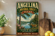 A vintage-style poster advertising Angelina National Forest in Texas, featuring a scenic landscape with pine trees, a river, and a deer.