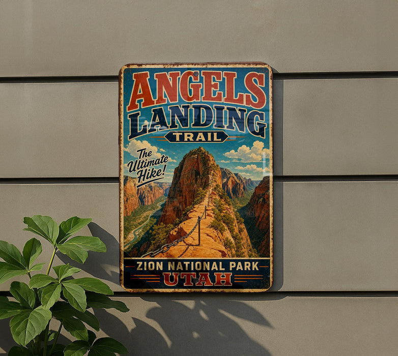 A vintage-style sign for the Angels Landing Trail in Zion National Park, Utah, featuring a scenic mountain landscape.