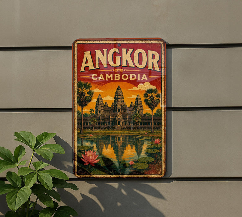 A vintage-style sign displaying the name "ANGKOR CAMDENIA" and an illustration of the Angkor Wat temple complex in Cambodia.