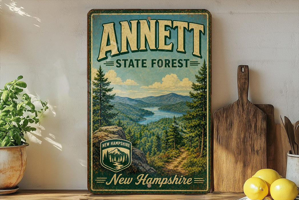 A vintage-style metal sign for the Annett State Forest in New Hampshire, featuring a scenic mountain landscape and pine trees.