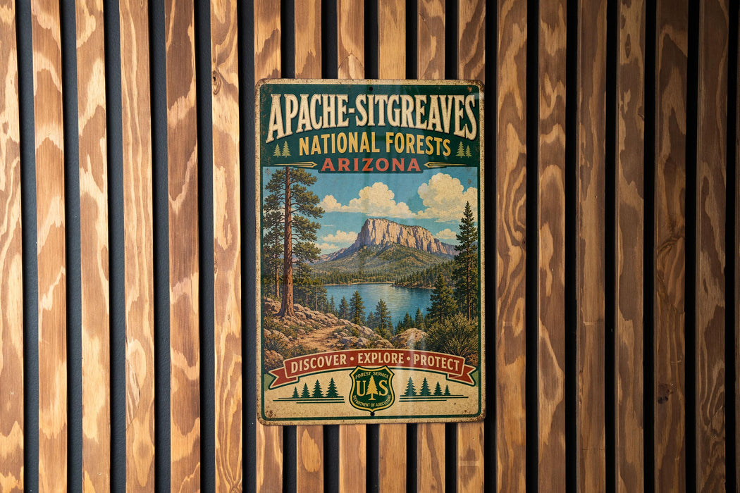 A vintage metal sign for Apache-SITGREAVES NATIONAL FORESTS ARIZONA, featuring a scenic landscape with mountains, trees, and a lake.