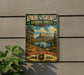 A vintage-style sign for Apache-Sitting Greaves National Forests in Arizona, featuring a scenic landscape with a mountain, lake, and pine trees.
