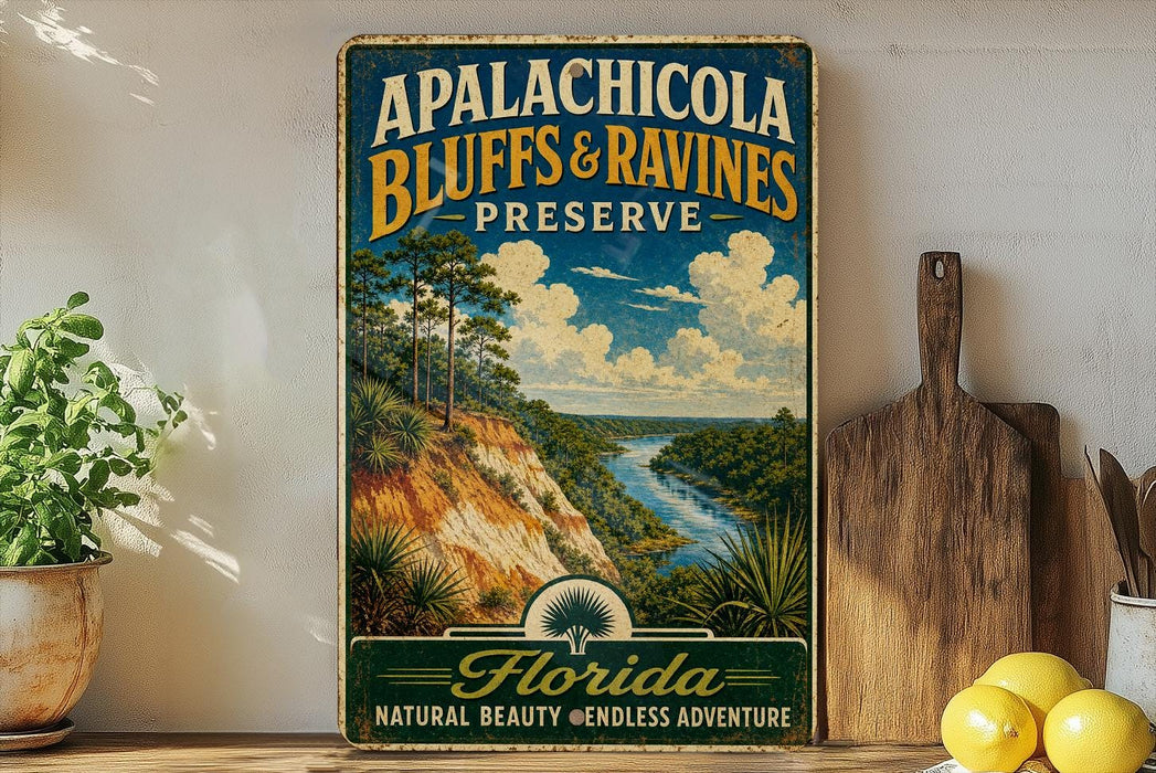 A vintage-style sign for the Apalachicola Bluffs & Ravines Preserve in Florida, featuring a scenic landscape with a river and palm trees.